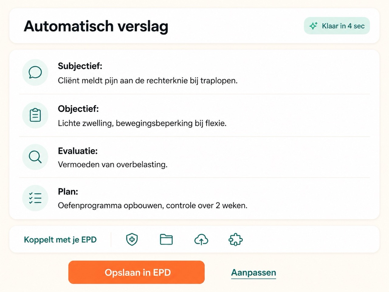 VeiligNotuleren in beeld: automatisch gegenereerd verslag dat met een klik in het EPD wordt opgeslagen