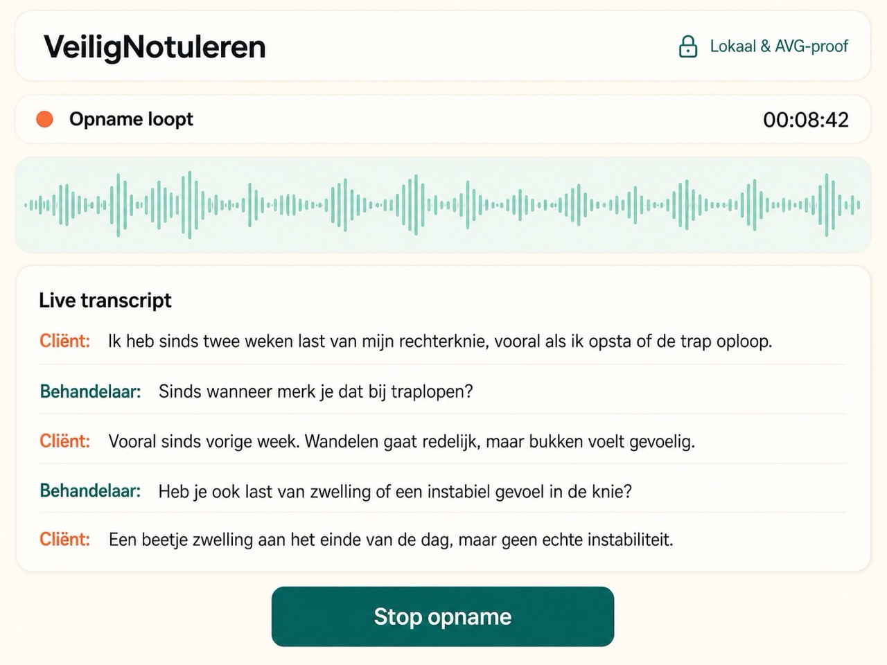 VeiligNotuleren in beeld: live transcriptie van een consult met audiogolf en gesprekstekst